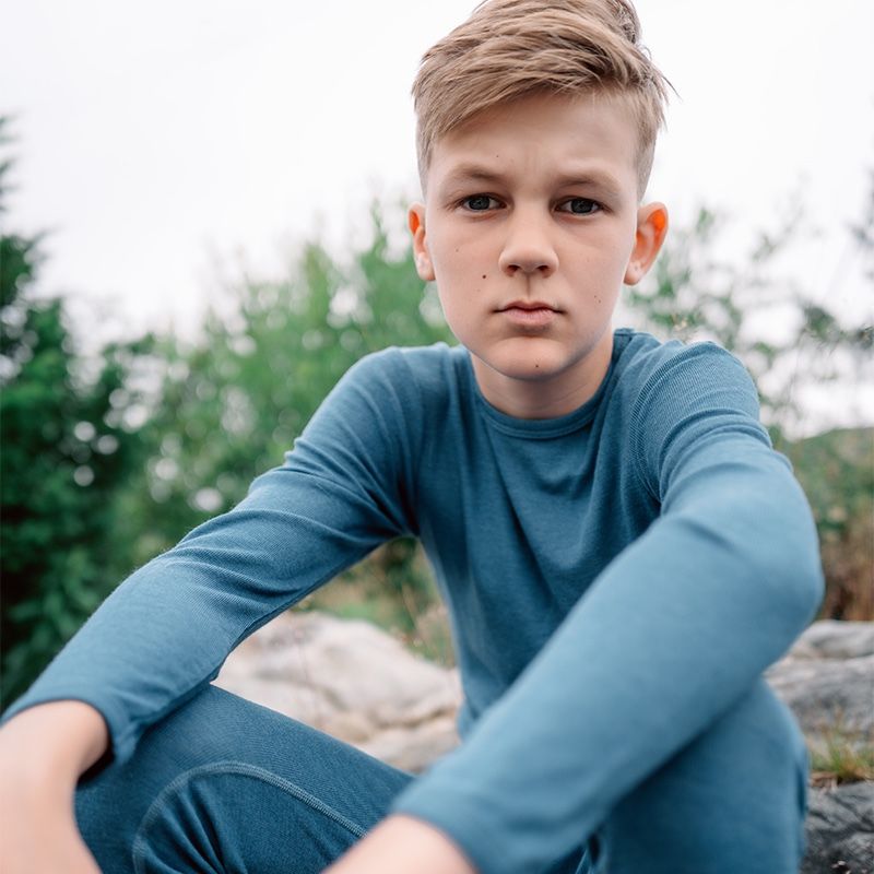 Langermet ulltrøye barn, ull med silke - Dongeriblå