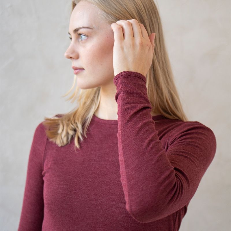 Langermet ulltrøye dame, ull med silke - Plomme