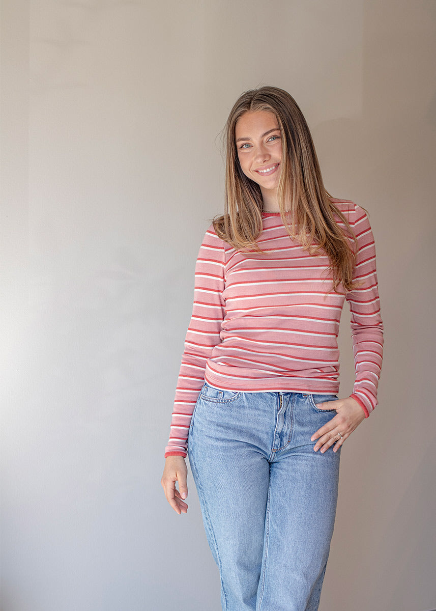 Dametrøye i ull med silke lang, 34/36 - Lys rose/jordbær/natur