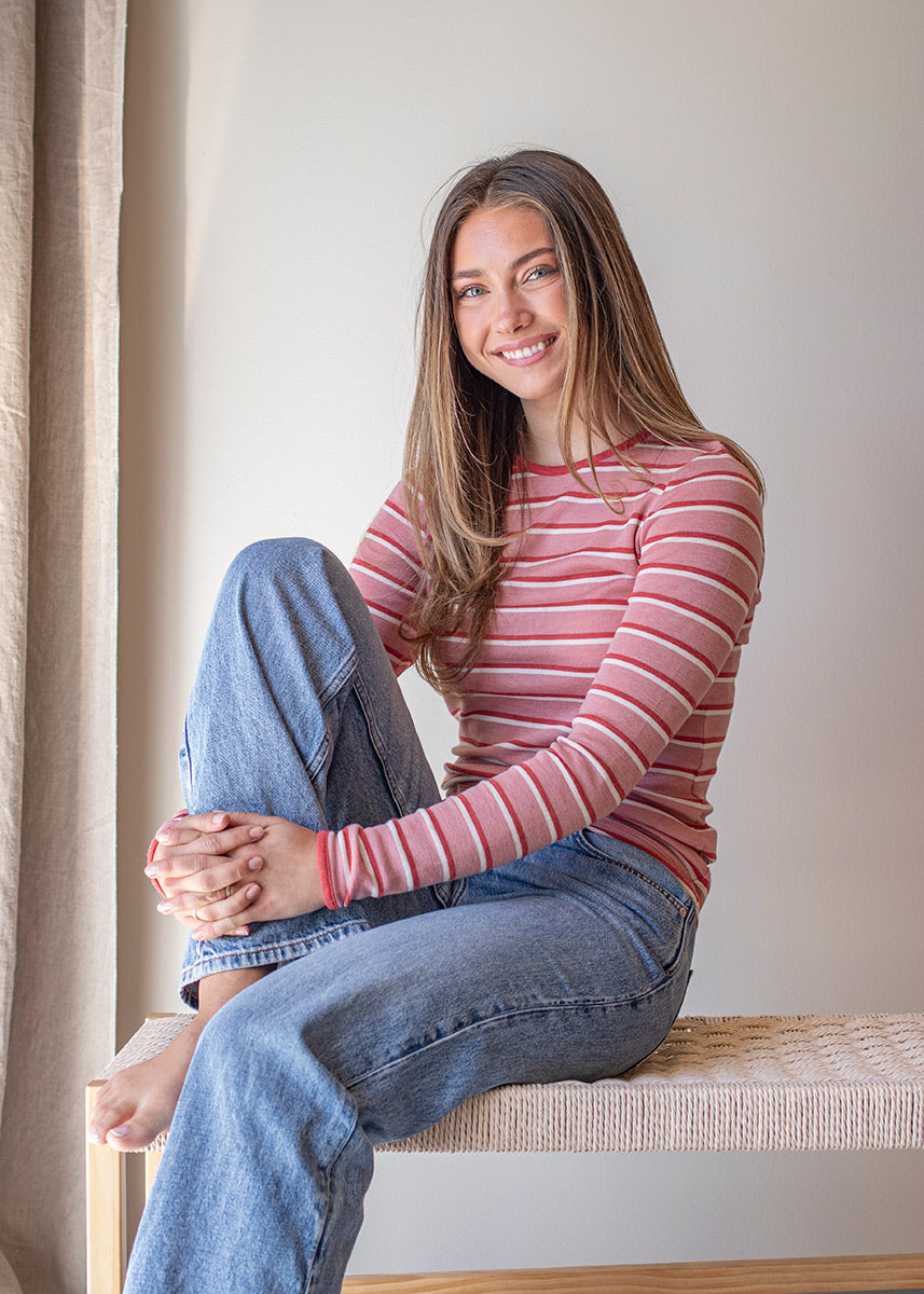 Dametrøye i ull med silke lang, 34/36 - Lys rose/jordbær/natur