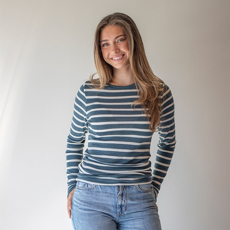 Dametrøye i ull med silke lang, 34/36 - Fjord/natur