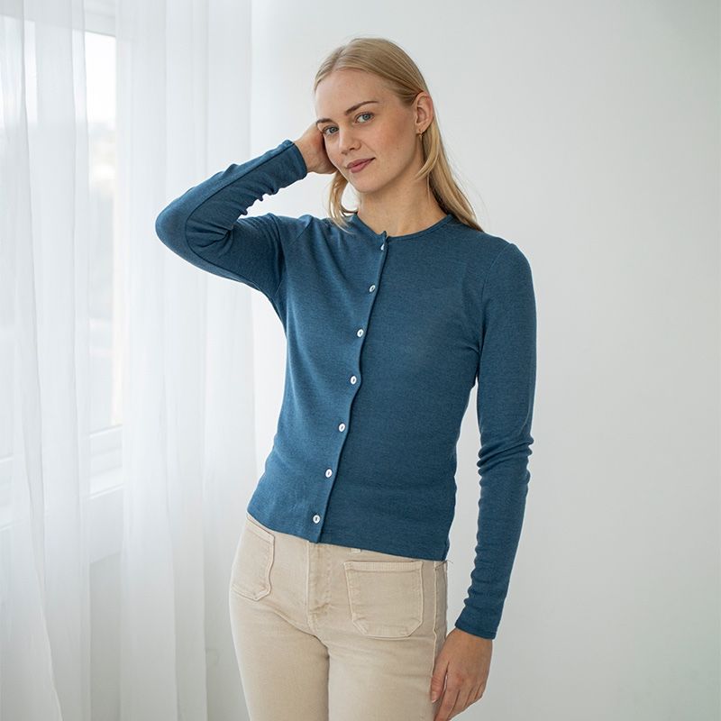 Cardigan i ull med silke  - Dongeriblå