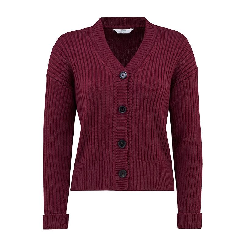 Ribbestrikket cardigan - Plommerød