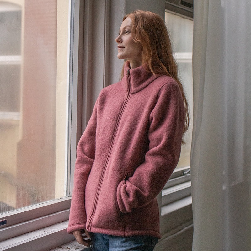 Jakke i ullfleece, dame - Mørk rose