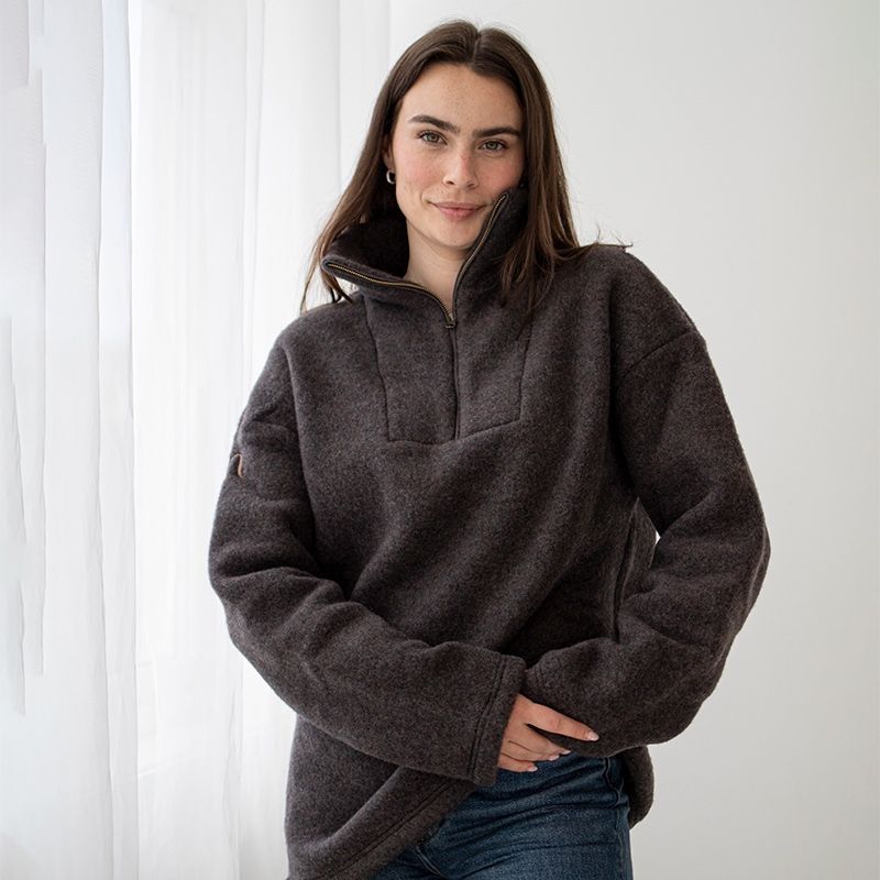 Genser i ullfleece med zip - Naturbrun