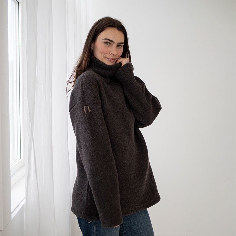 Genser i ullfleece med zip - Naturbrun