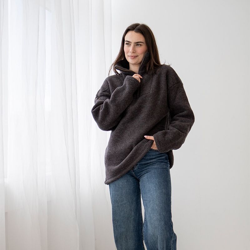 Genser i ullfleece med zip - Naturbrun