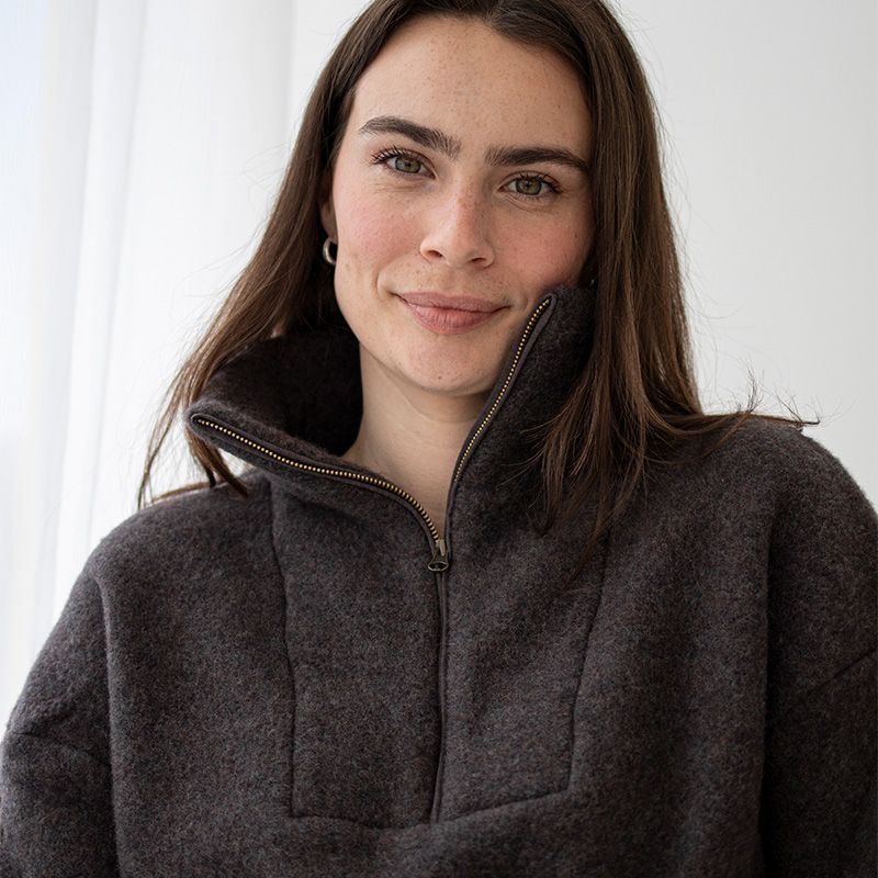 Genser i ullfleece med zip - Naturbrun