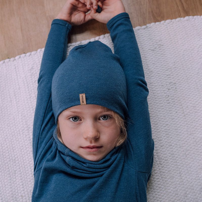 Lue i ull med silke - Dongeriblå