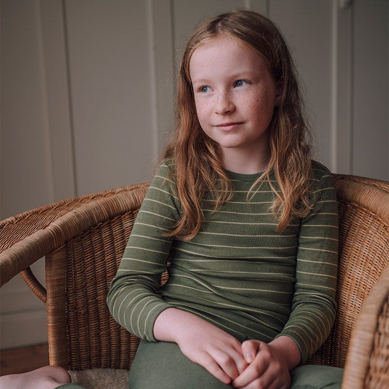 Langermet ulltrøye barn, ull med silke - Olivin/pistasj
