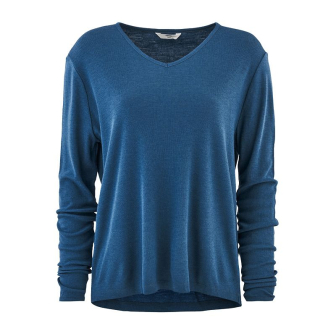 Løstsittende genser i ull med silke, V–hals - Dongeriblå